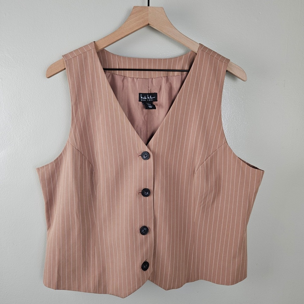 Nicole Miller Pinstripe Vest Top Sz XL‎ Tan White Stripe